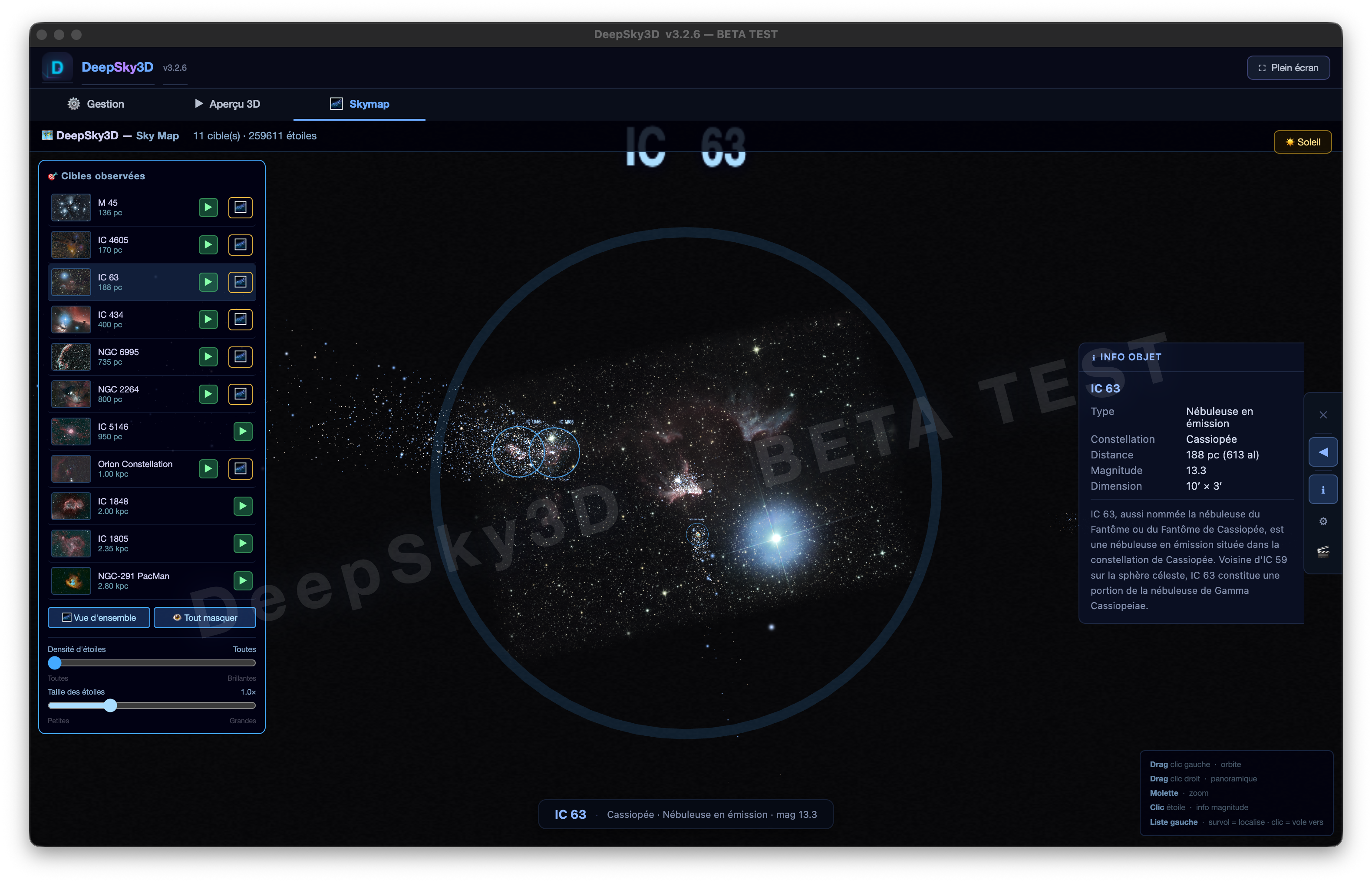 Panneau d'informations de DeepSky3D