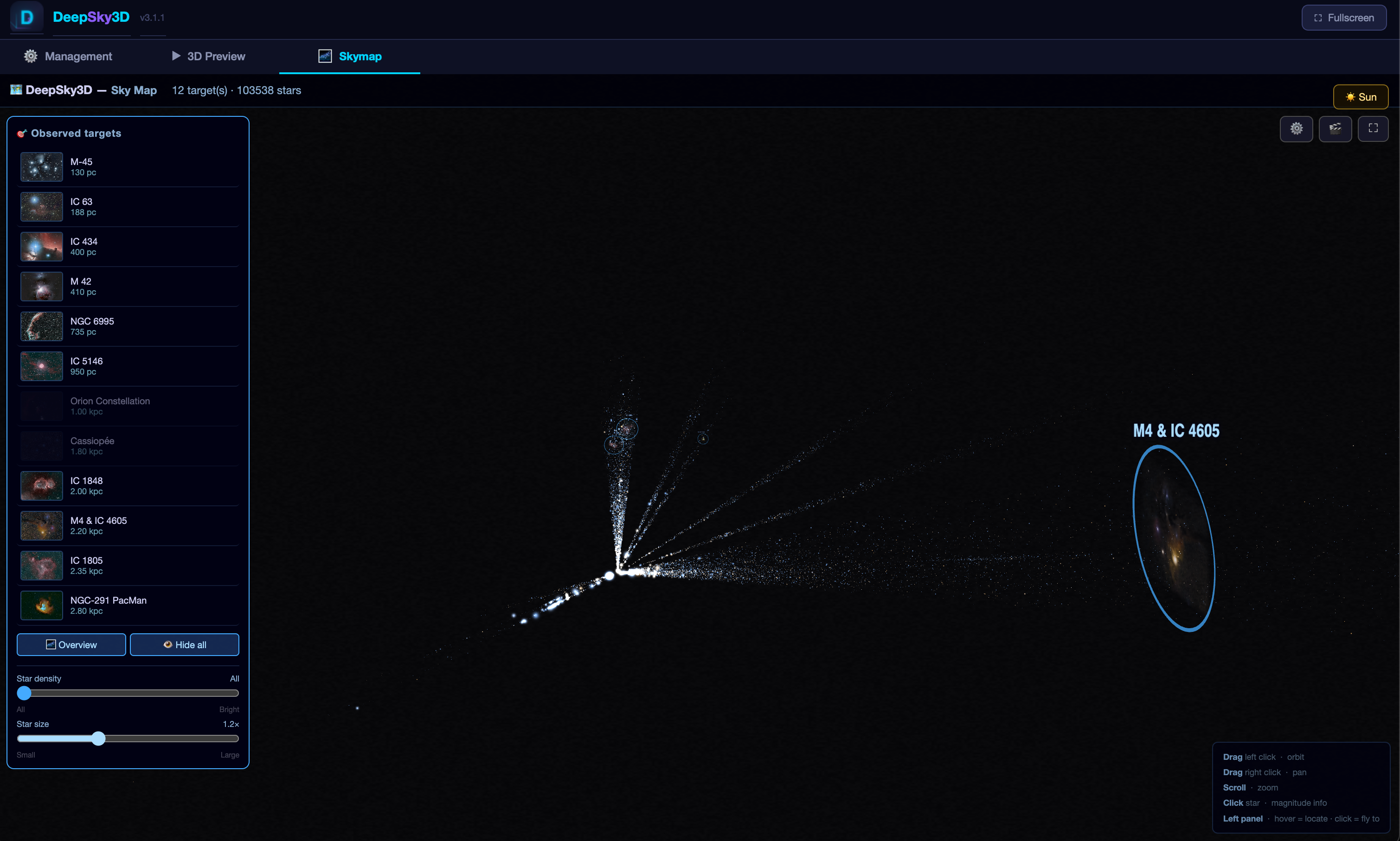 SkyMap de DeepSky3D — carte 3D centrée sur le Soleil rassemblant toutes les cibles astrophotographiques de l'utilisateur